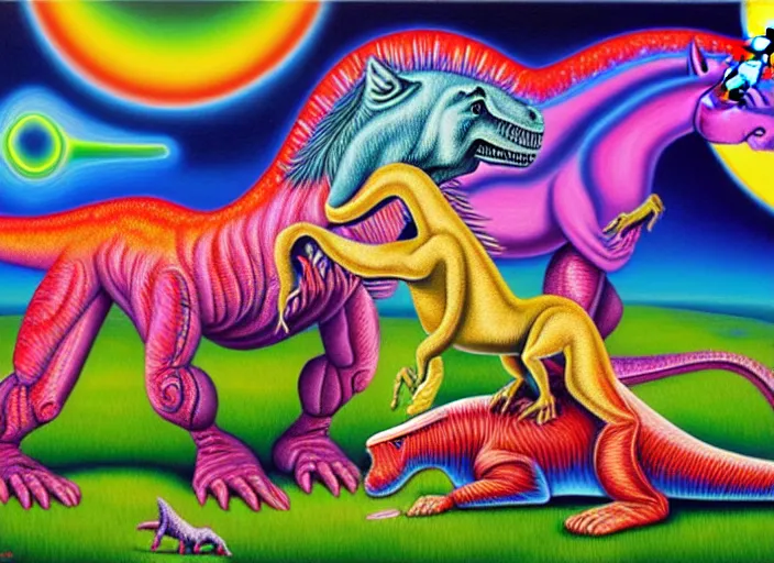 Image similar to T-rex and Unicorn relaxing, Alex Grey,Oil on Canvas detailed,