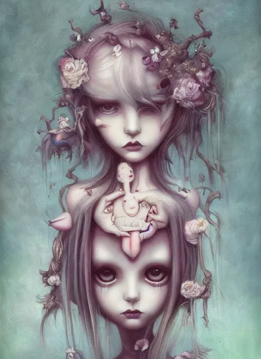 Image similar to ! dream pop surrealism, lowbrow art, realistic anime cute alice girl painting, japanese street fashion, hyper realism, muted colours, rococo, natalie shau, loreta lux, tom bagshaw, mark ryden, trevor brown style,