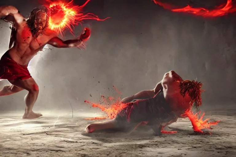 Prompt: hyperrealistic photo of Jesus Christ pummeling red-skinned Satan devil Lucifer in the face on the floor to a pulp, 8k cinematic, epic fight scene, stunning composition, DSLR focus on the subjects