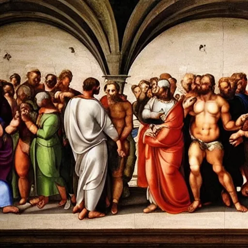 Prompt: God is handing Adam an iPhone, The Sistine Chapel, Fresco by Michelangelo