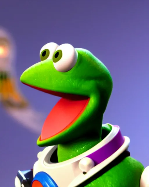 Image similar to Film still close-up shot of kermit the frog as Buzz Lightyear in the movie Toy Story 3. Photographic, photography