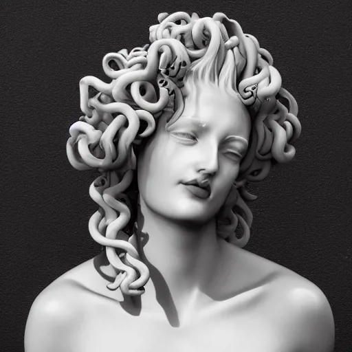 Image similar to smooth white marble statue face of gorgeous medusa gorgo, black onyx details, black and gold wires, hyper realistic render, super detailed, photo quality, octane render, corona render