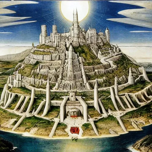 Prompt: Minas Tirith by Bruege and Hokusail, masterpiece