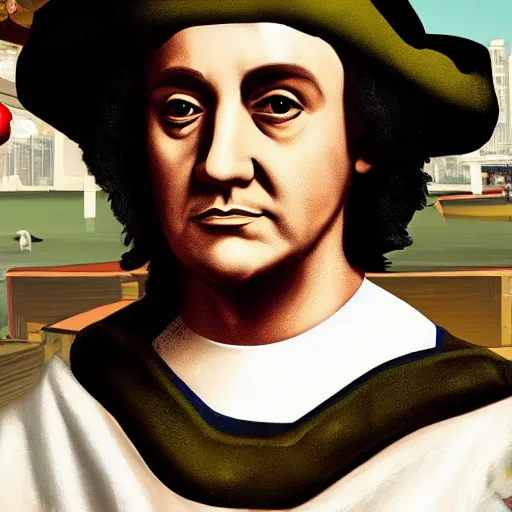 Image similar to christopher columbus portrait, gta chinatown wars art style, hyperrealistic, rgba colors, remove duplicate content, justify contents center.