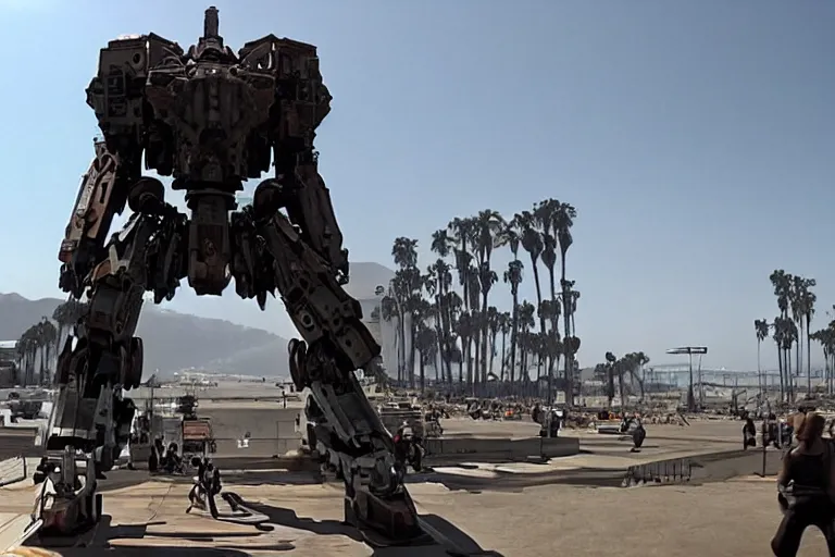 Prompt: cinematography of giant Mech on Santa Monica peer By Emmanuel Lubezki