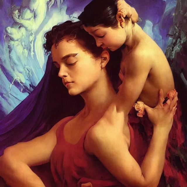 Image similar to an aesthetic! detailed portrait of an aesthetic woman crying mournfully while holding a child, by frank frazetta, oil on canvas, bright colors, art nouveau, epic composition, dungeons and dragons fantasy art, hd, god - rays, ray - tracing, crisp contour - lines, huhd - 8 k