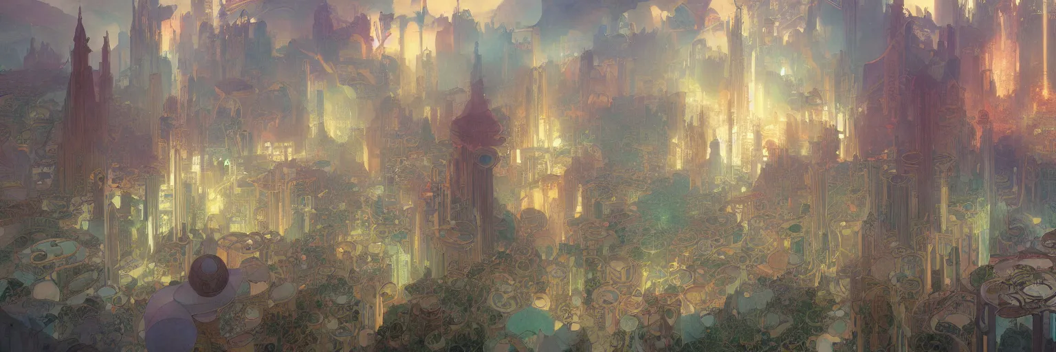 Image similar to A beautiful painting of a utopian city by Alfons Maria Mucha and Julie Dillon and Makoto Shinkai