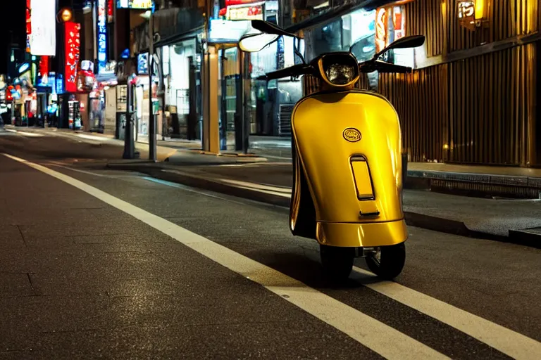 Image similar to a scooter made of gold in the streets of Tokio at night