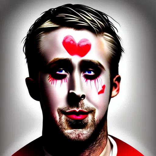 Image similar to ryan gosling with his face painted black and his lips painted red wearing a white shirt, digital art, highly detailed