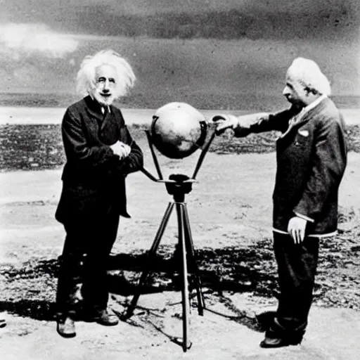 Image similar to Albert Einstein inspecting the first atomic bomb prior to detonation. 1940's photograph