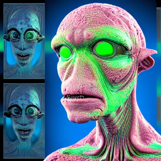 Image similar to “Holographic thermography scan of a alien with big bug eyes , the skin texture of the alien is slime with visualization of veins in 4k, the aliens mouth is human like and it has human form, worms and holes in it’s head using depth field, unreal engine, 4k concept art and hyper realism, overlay of worms on the alien head”