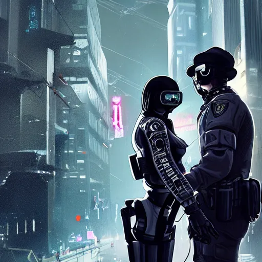 Image similar to realistic, symmetrical, cyberpunk city, man and women in love in a gunfight with robot police.