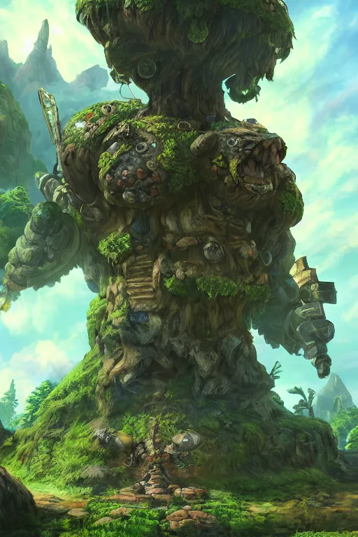 Image similar to zelda fantasy art giant golem troll wood rock greeble gemstone, global illumination ray tracing hdr fanart arstation by sung choi and eric pfeiffer and gabriel garza and casper konefal