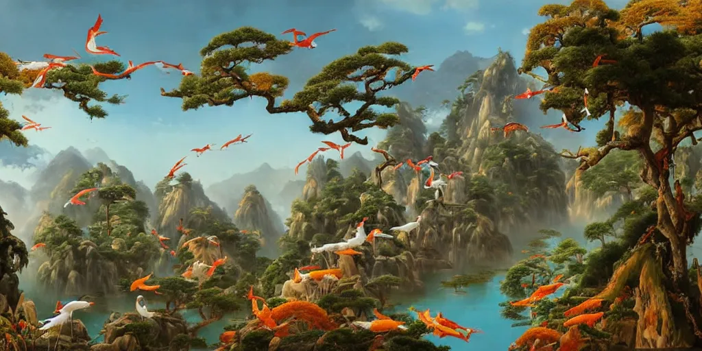 Image similar to it is a paradise with ancient chinese characteristics. it has a high degree of fantasy. there are pavilions in the air, koi jumping in the air, and fairy birds and animals such as cranes and deer coexist with people. it is the life scene of the ancient people, a detailed matte painting by christophe vacher and albert bierstadt