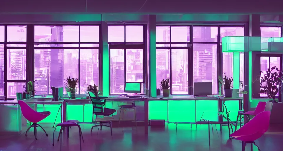 Prompt: IKEA catalogue photo, modern office space, retro future style furniture, cyberpunk style neon lighting, lush plant life, cityscape in the window, Purple, Teal, Mint, Pink, Orange