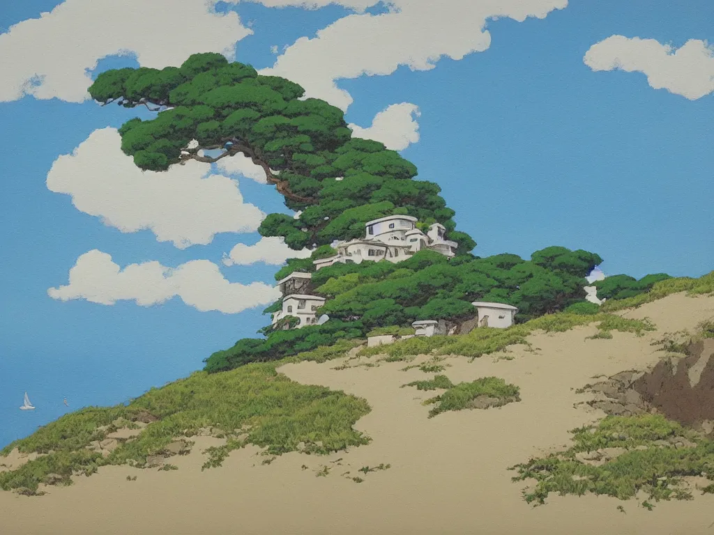 Prompt: studio ghibli painting, kazuo oga, a lone stucco house by the beach, blue sky with few clouds,