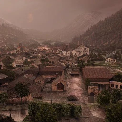 Prompt: the center of a poor medieval town under heavy rain at late dawn, in a valley, surrounded by mountains, highly detailed, octane render, ultra detailed cinematic, 8 k, widescreen, 1 6 : 9, hd