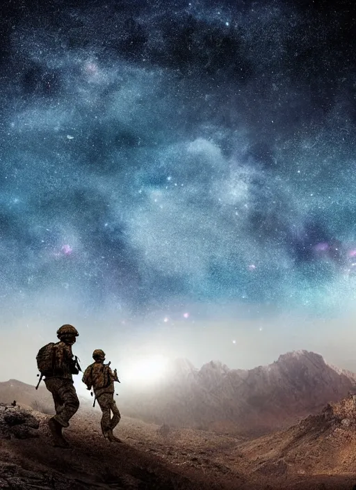 Prompt: two soldiers hiking in Afghanistan hills, digital art, galaxy sky, dramatic light, oscar winning movie poster, realistic, render, photorealistic intricate