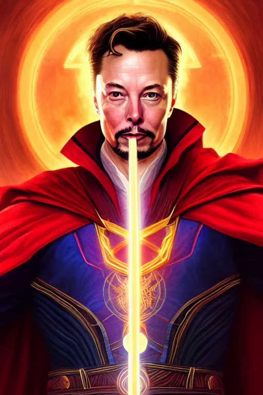 Image similar to elon musk as dr strange, realistic portrait, symmetrical, highly detailed, digital painting, artstation, concept art, smooth, sharp focus, illustration, cinematic lighting, art by artgerm and greg rutkowski and alphonse mucha