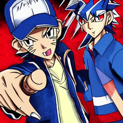 Image similar to ash ketchum dueling yugi moto, anime, highly detailed