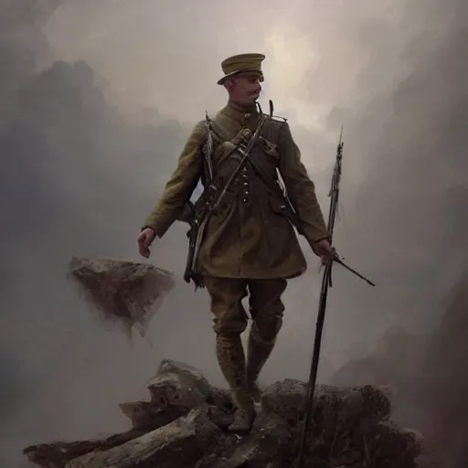 Prompt: a dramatic epic ethereal portrait of a WWI soldier, full body with dynamic pose, male, detailed face, cinematic lighting, highly detailed oil on canvas painting by Greg Rutkowski, winning-award digital art trending on Artstation H 1024 W 832