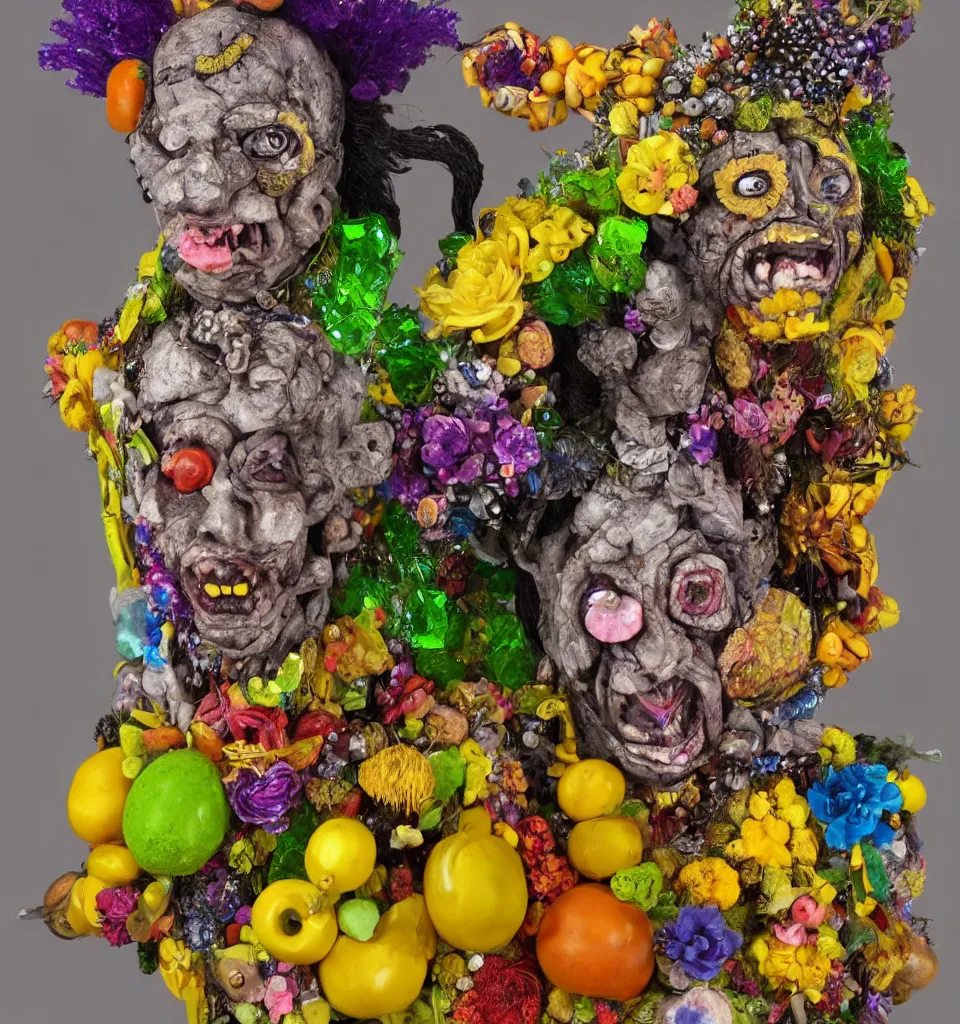 Prompt: bodyshot of a trickster nature spirit, zombie rock star, head made of fruits and crystals and flowers in the style of guiseppe arcimboldo, john currin, deep focus, fantasy, surreal, detailed, pop art, action figure, clay sculpture, gray and yellow and purple, rainbow stripe background