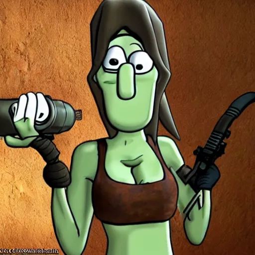 Prompt: Squidward Tentacles wearing Lara Croft's outfit, cartoon, crossover, promotional image