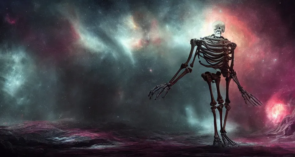 Image similar to a photo of an enormous humanoid skeletal ephemeral!! old god!! lurking in a nebula!!!!, 4 k, unreal engine, concept art, matte painting, cosmic horror!!, nightmare, color accents,