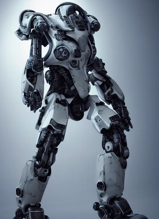 Prompt: a Photorealistic dramatic hyperrealistic render of a futuristic exosuit warrior Mech,Ultra realistic details,glossy white metal,weathered surfaces,by Vitaly Bulgarov and Mike Nash,Beautiful dramatic dark moody tones and lighting,cinematic atmosphere,studio lighting,shadows,dark background, Octane render,8K