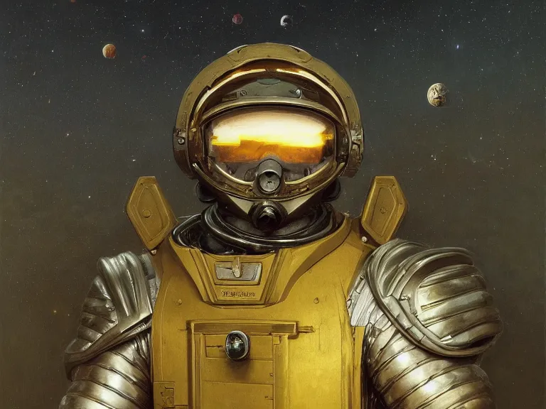 Image similar to a detailed profile oil painting of an advanced soldier in a spacesuit with reflective helmet, advanced technology flight suit, portrait symmetrical and science fiction theme with aurora lighting clouds and stars by beksinski carl spitzweg and tuomas korpi. baroque elements, full-length view. baroque element. intricate artwork by caravaggio. Trending on artstation. 8k