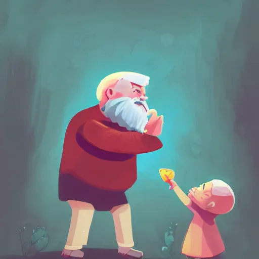 Image similar to cute cartoon character, curled perspective, digital art, beard grandpa taking a photo to a baby girl, anton fadeev