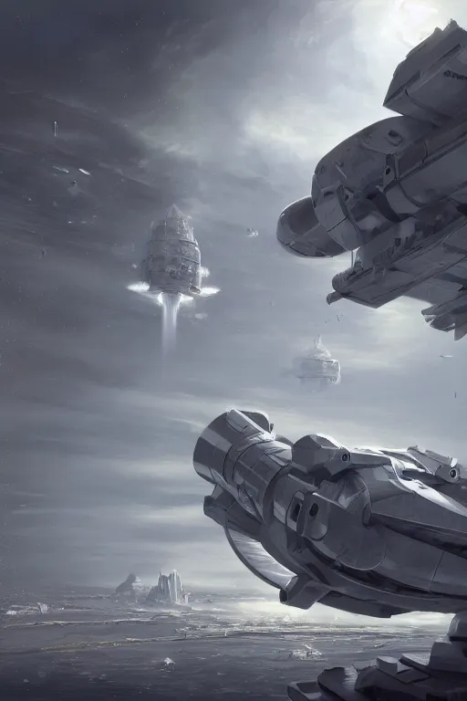 Prompt: grey scifi spacecraft fired from launch platform, landscape, alex ross, eddie mendoza, raphael lacoste, sebastian ludke, concept art, matte painting, highly detailed, rule of thirds, dynamic lighting, cinematic, realism, realistic, photo real, detailed, magnificiant landscape, denoised, centerd