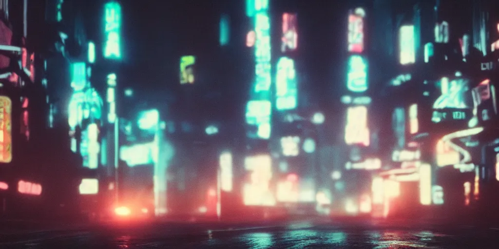 Image similar to city street, neo noir, blade runner, sci fi, retro futuristic, cinematic, atmospheric, hazy, 135mm lens, 3D