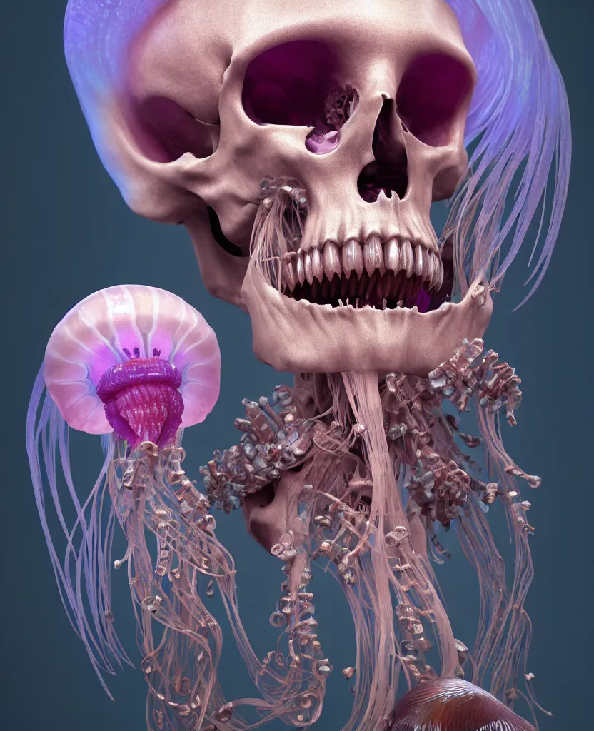 Image similar to goddess close - up portrait human skeleton, ram skull, jellyfish, orchid, betta fish, bioluminiscent, intricate artwork by tooth wu and wlop and beeple. octane render, trending on artstation, greg rutkowski very coherent symmetrical artwork. cinematic, hyper realism, high detail, octane render, 8 k