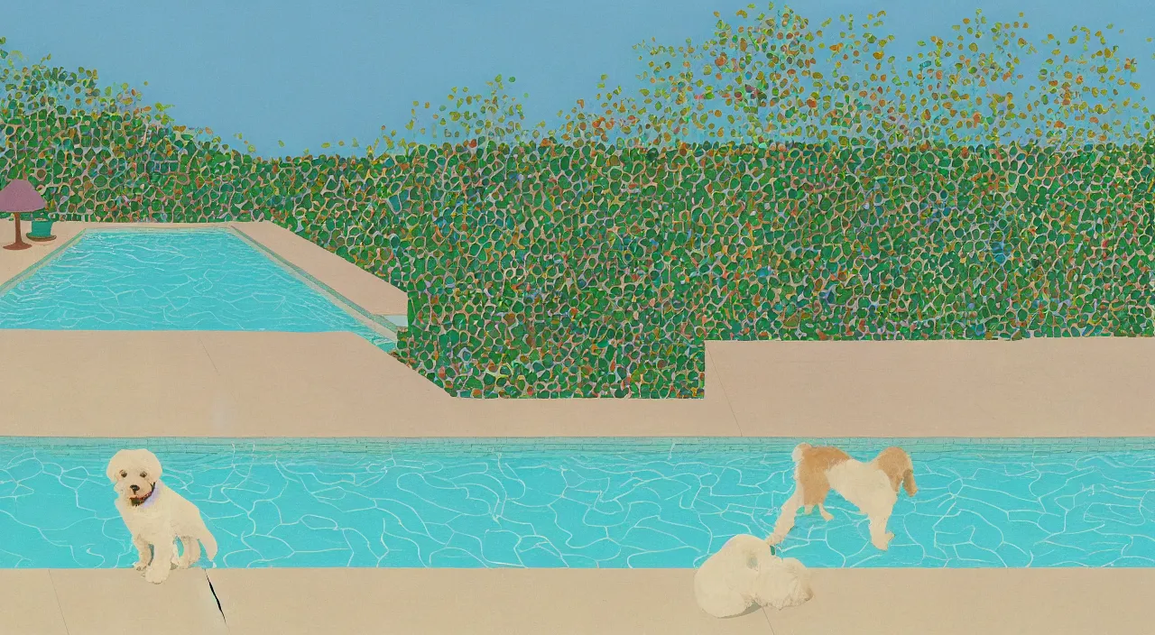 Image similar to a cream colored havanese dog at the swimming pool at a mid century modern house in palm springs by david hockney