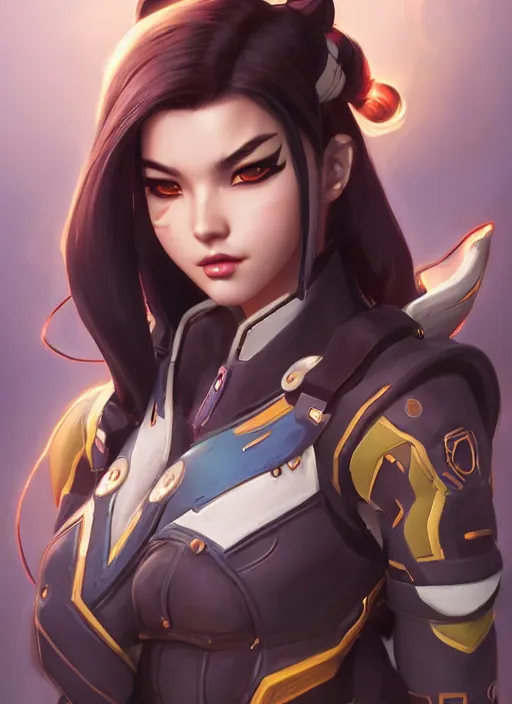 Prompt: character portrait of a fusion of Hanzo from Overwatch and D.Va from Overwatch by ArtGerm and Tom Bagshaw, 4k, highly detailed, cinematic lighting, characters merged