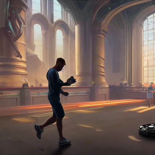 Prompt: beautiful digital painting of man helping robot run a marathon, high detail, 8 k, stunning detail, works by artgerm, greg rutkowski and alphonse mucha, unreal engine 5, 4 k uhd