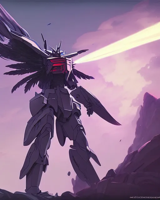 Image similar to highly detailed vfx portrait of an dark souls gundam with wings of feathers beam saber fighting in space with a beam gun, unreal engine, greg rutkowski, loish, rhads, beeple, makoto shinkai and lois van baarle, ilya kuvshinov, rossdraws, tom bagshaw, alphonse mucha, global illumination, detailed and intricate environment