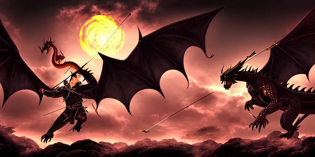 Prompt: korean archer fighting a dragon under the night sky. the archer is in the ground. the dragon in the sky. dark fantasy. high resolution. dungeons and dragons. fantasy. detailed. digital art. dark fantasy.