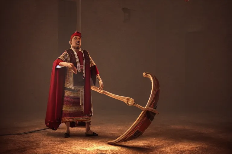 Prompt: theatre stage, romanian man in traditional romanian clothing with scythe, people, traditional romanian clothing, concept art, dramatic lighting, beautiful, volumetric lighting, colorful, octane render