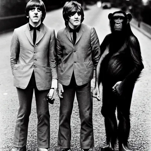 Prompt: the beatles as chimpanzees, photo, high detail