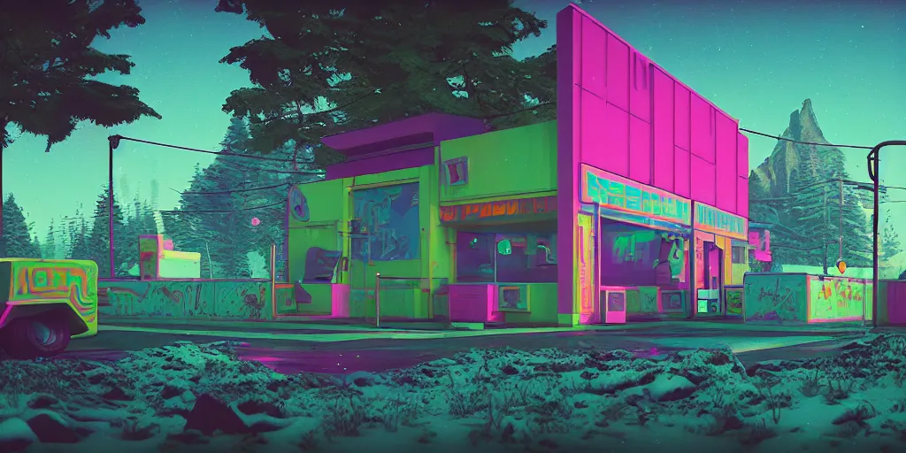 Image similar to 80s outdoor retro arcade, 80s color scheme, retro, pastel colors, desolate, lush vegetation, snow, moody:: by Simon Stålenhag and beeple and James Gilleard and Justin Gerard :: ornate, dynamic, particulate, intricate, elegant, highly detailed, centered, artstation, smooth, sharp focus, octane render, 3d
