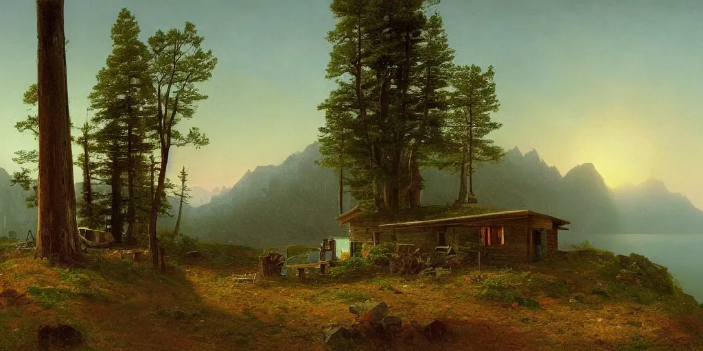 Prompt: cozy hotel at the side of a mountain road on a mountain by the shore by Simon Stalenhag, by Albert Bierstadt