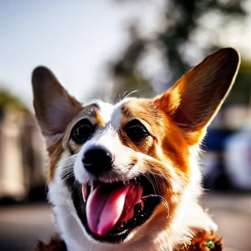 Prompt: a corgi dog, eating ice cream, filmic, cinematic, photojournalism, backlight