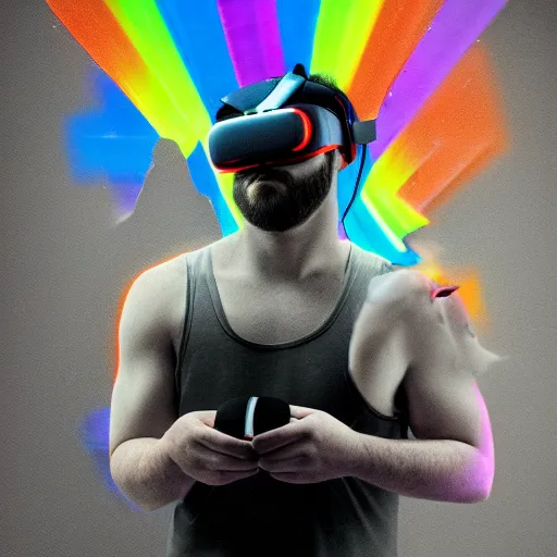 Image similar to wrestler wearing a vr headset, vr goggles, shrugging, intricate complexity, surreal horror, inverted neon rainbow drip paint, trending on art station, photoreal, 8 k, octane render by greg rutkowski