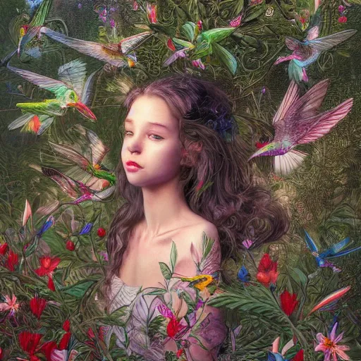 Prompt: bautiful young girl surrounded by hummingbirds and fine floral ornaments, eye - level medium - angle shot, intricate, floral background, by esao andrews, by m. w. kaluta, by yoshita amano, intricate, symmetrical, natural lighting, smooth, 3 d octane render, depth perception, 4 k,, artstation