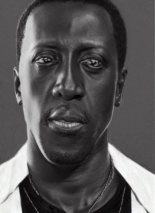 Image similar to wesley snipes as handsome man, wearing a simple black vest and white shirt, centered, digital painting, artstation, concept art, smooth, sharp focus, illustration, art by artgerm and donato giancola