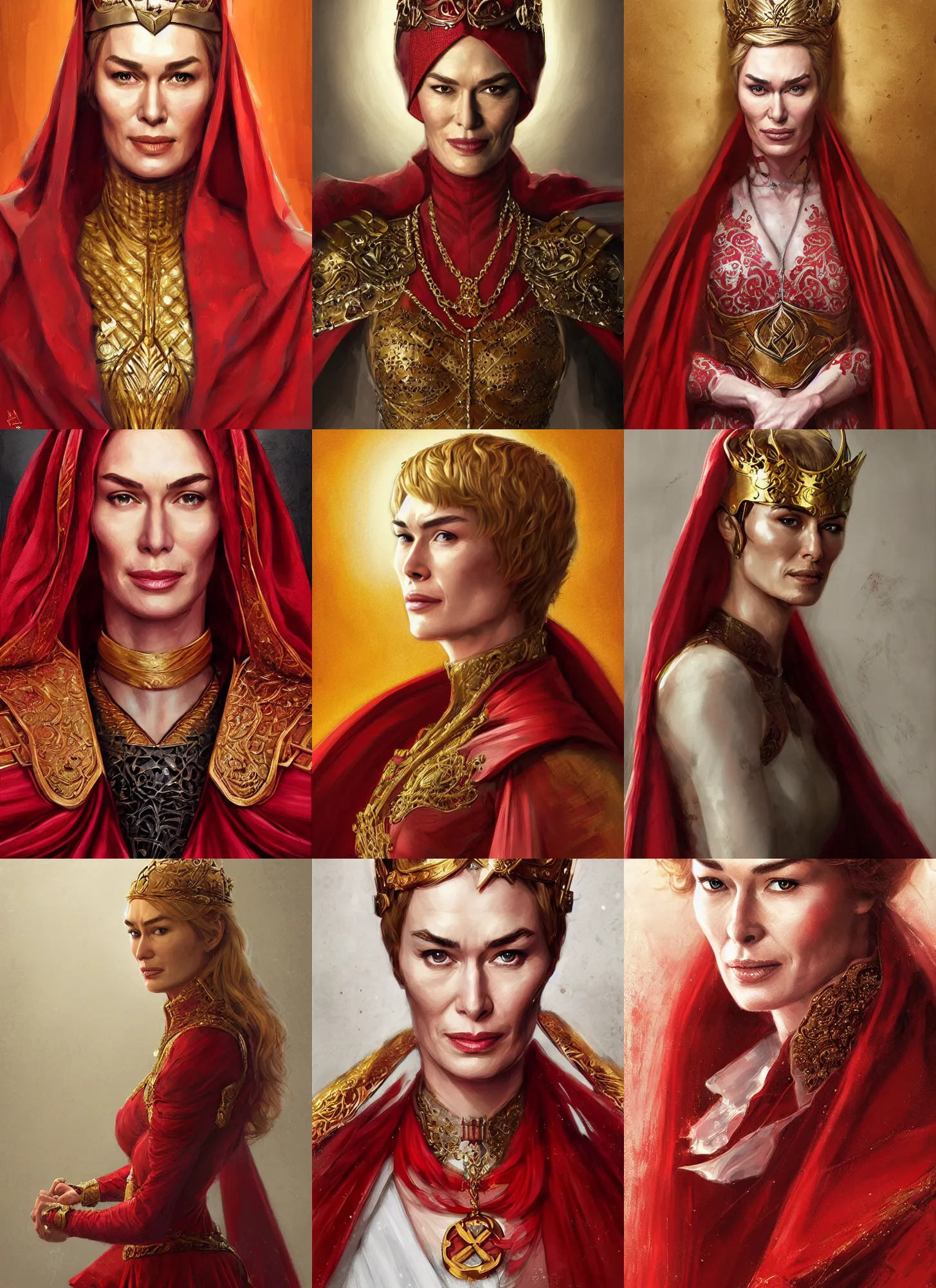 Prompt: portrait cersei lannister sit, red and gold cloth, white veil covering head, marvel comics, dark, intricate, highly detailed, artstation, digital illustration, ruan jia, mandy jurgens, rutkowski