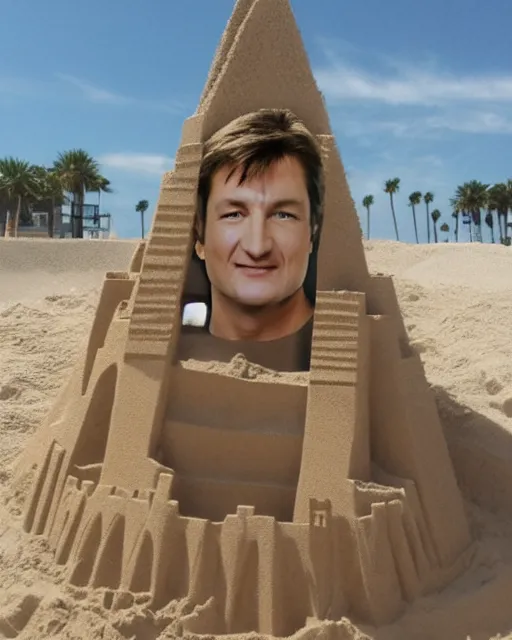 Prompt: a detailed sandcastle with the face of nathan fillion
