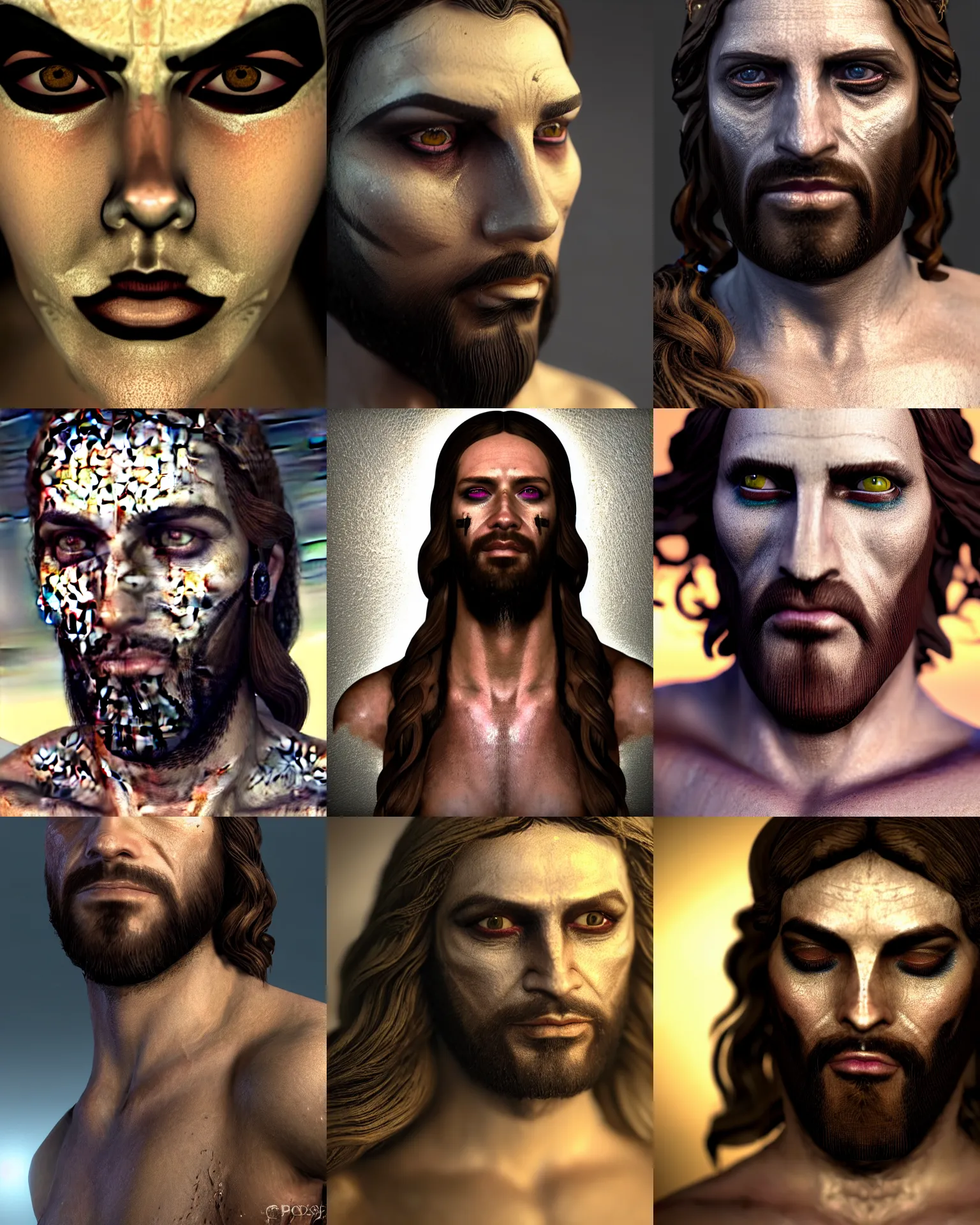 Prompt: closeup selfie portrait of jesus christ wearing drag queen makeup in skyrim, downward somber expression, detailed face, enb, rugged details, inspired by artgerm and kiko rodriguez and kyle lambert, 4 k, bright flash, masterpiece, post - processing, soft vignette, concrete brick background, 5 0 mm lens, bokeh, soft glow, 8 k blender render